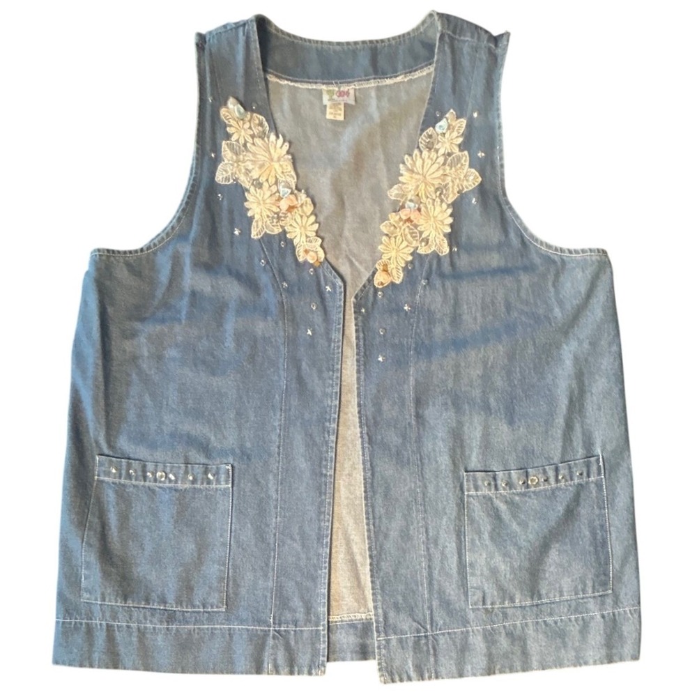 Vintage Cactus California Denim Vest XL Lace Floral Rhinestone USA Cottagecore